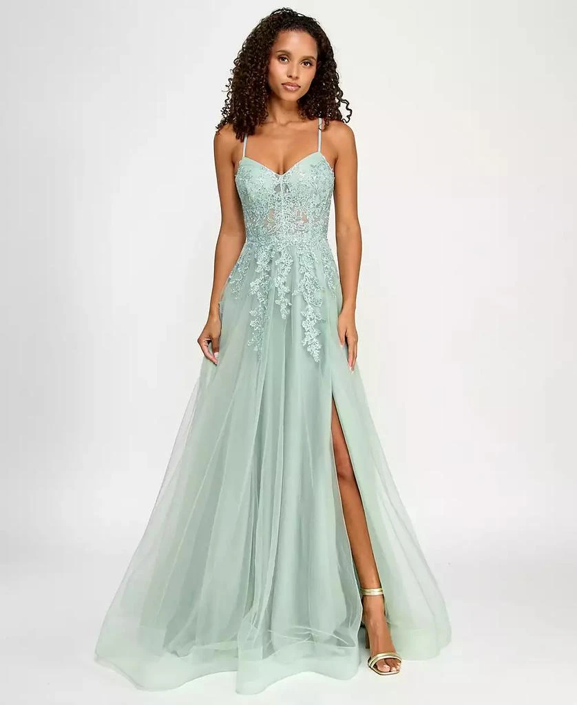 Say Yes Juniors' Embroidered Appliqué Side-Slit Ball Gown, Created for Macy's 3