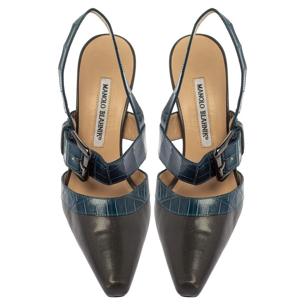 Manolo Blahnik Manolo Blahnik Grey/Blue Croc Embossed And Leather Slingback Sandals Size 37 3