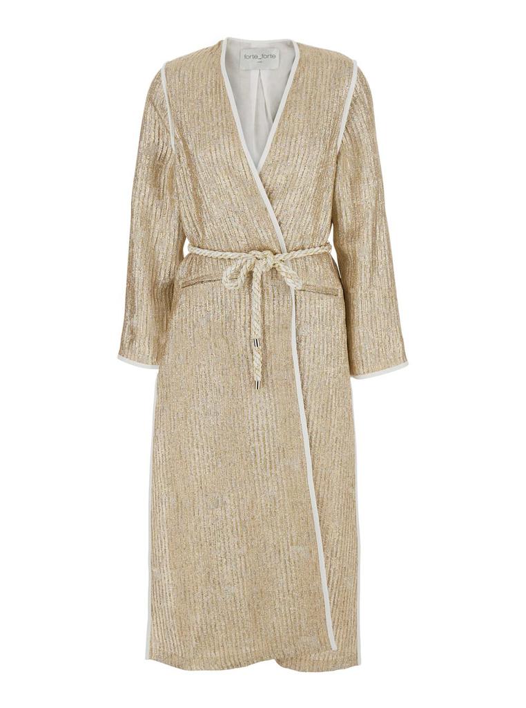 FORTE_FORTE twinkle Beige Coat With V-neck On The Front And Adjustable Waist Belt In Lurex Woman