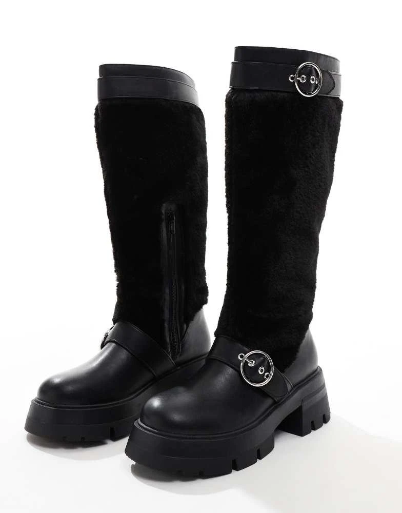 Public Desire Public Desire Switch Up fluffy fur knee boots with buckles in black 2