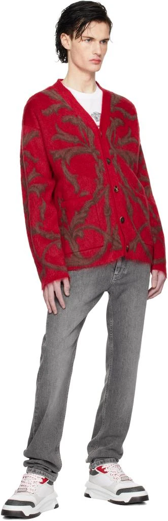 Versace Red & Brown Acanthus Leaves Mohair-Blend Cardigan 4