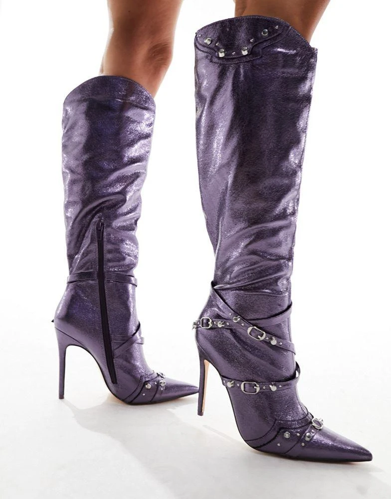 Public Desire Public Desire Worthy heeled knee boot in purple metallic 4