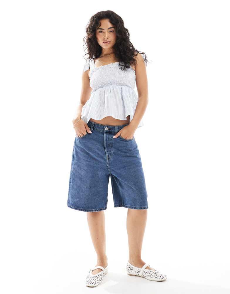 Brave Soul Brave Soul cotton mix strappy cami top with shirring in blue and white stripe