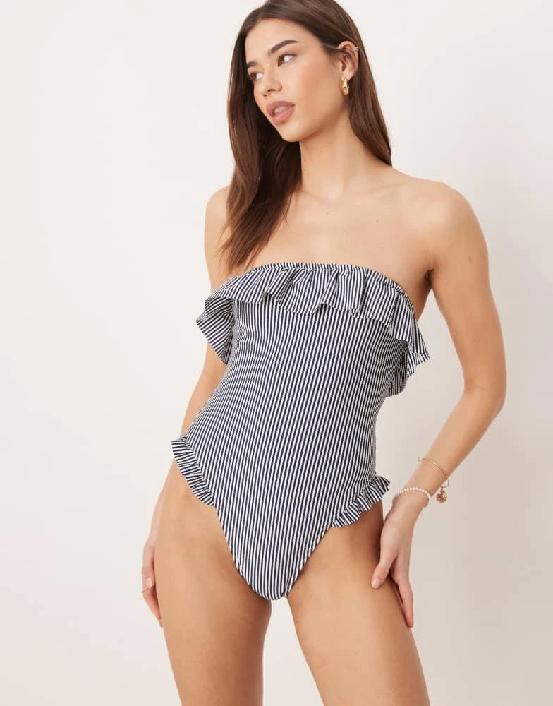 ASOS ASOS DESIGN Scarlet stripe bandeau frill swimsuit in indigo 4