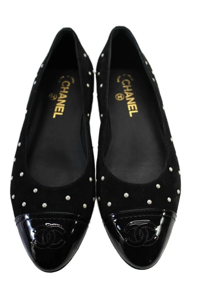 Chanel Womens Black Suede Pearls Patent CC Cap Toe Ballerina Flats Shoes 2