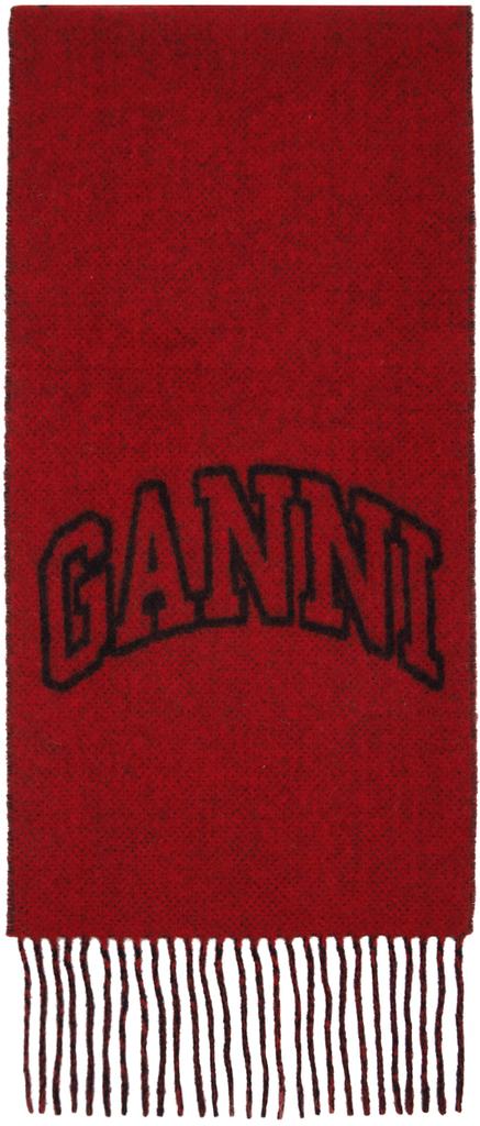 Ganni Red Fringed Wool Scarf