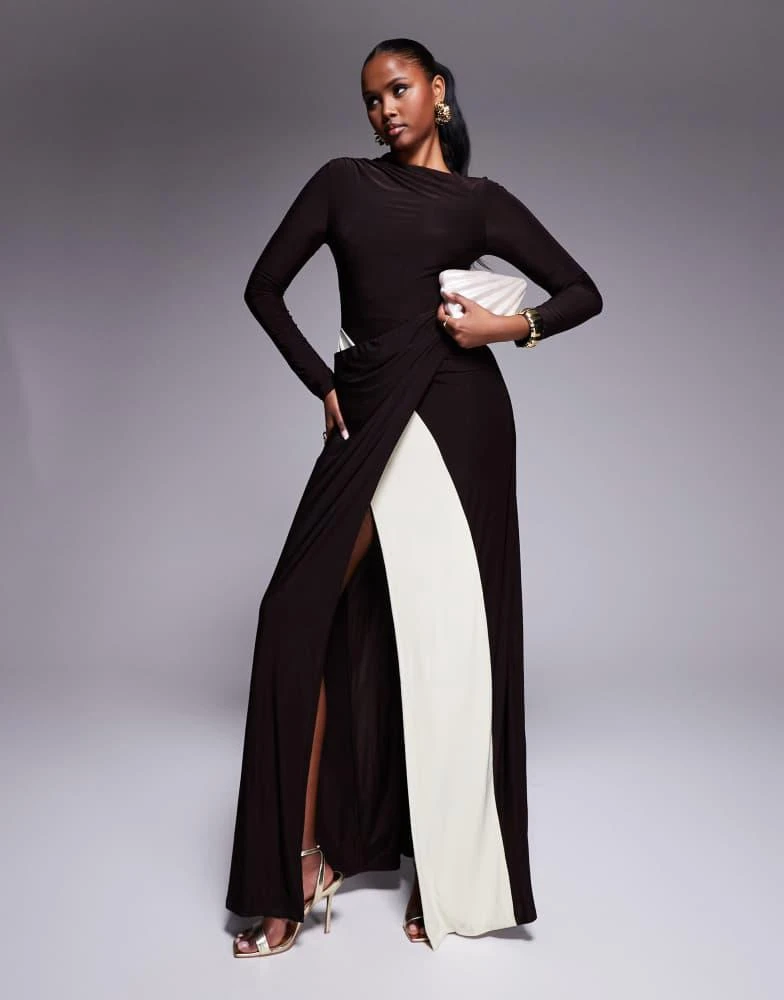 ASOS ASOS DESIGN long sleeve sarong detail maxi dress with contrast sash in chocolate 3