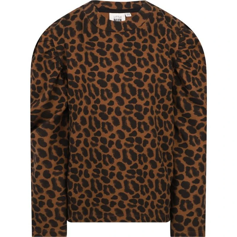 Little Man Happy Leopard print long sleeved organic t shirt in brown 1