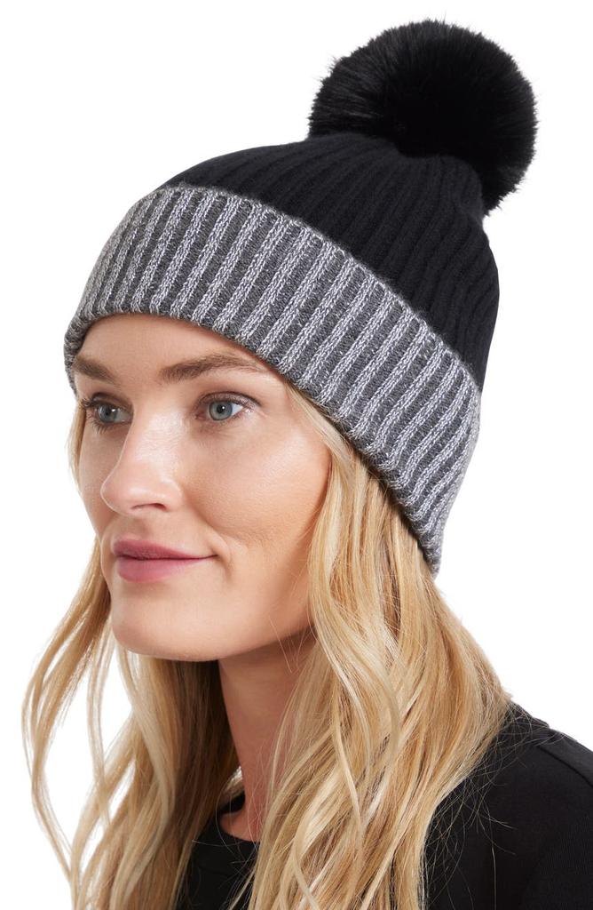 Sofia Cashmere Ribbed Cashmere Knit Beanie with Faux Fur Pompom