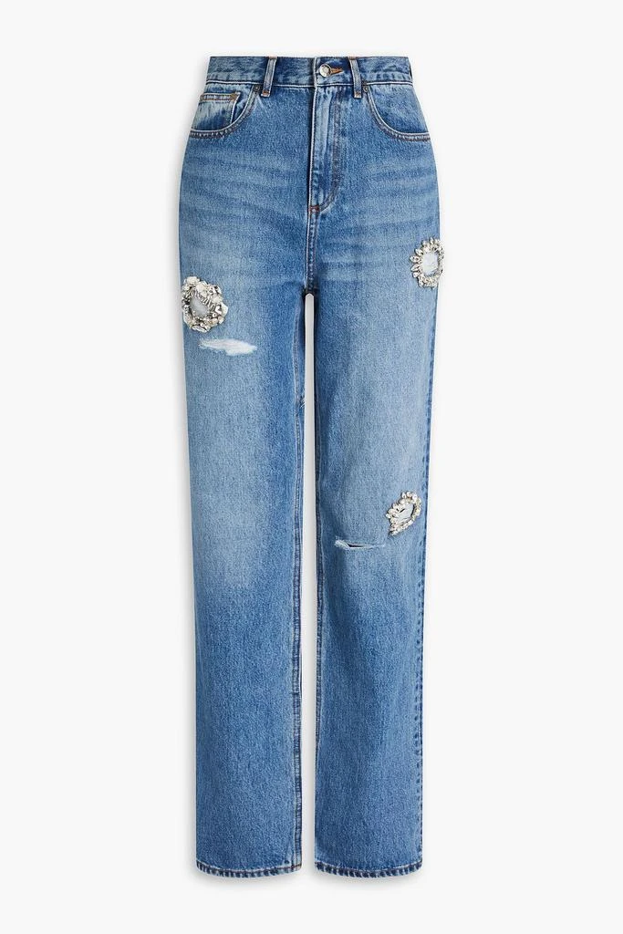 AREA Distressed crystal-embellished straight-leg jeans 1