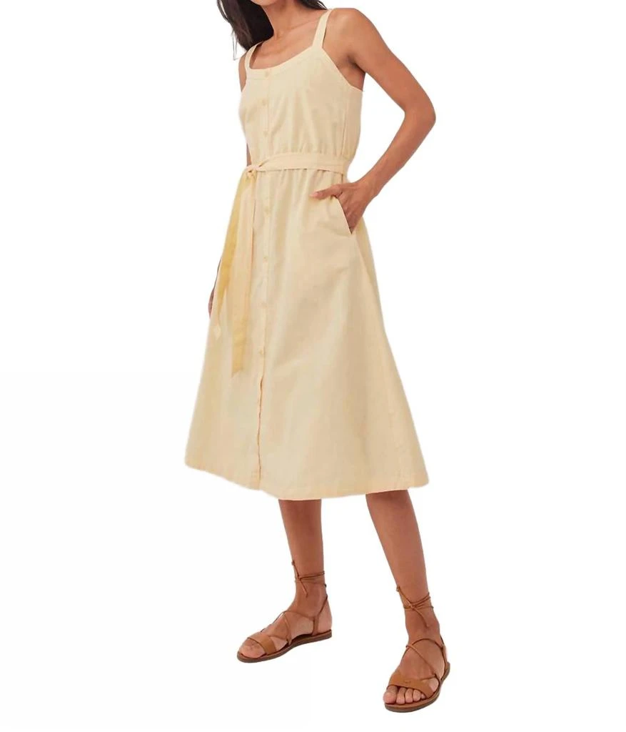 pact canopy linen blend button front dress Pact Canopy Linen Blend Notch Neck Dress Hermosa Stripe Blue XXS $118 MSRP  W9H