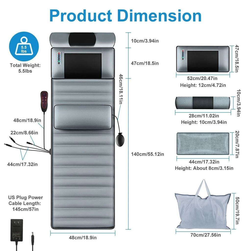 PROXXI Full Body Electric Massage Mat with Heat Vibration Massage Pad Cushion Back Massage Mattress Chair Pad with Neck Massager Lumbar Pillow with 10 Vibration Motors 3 Timers 5