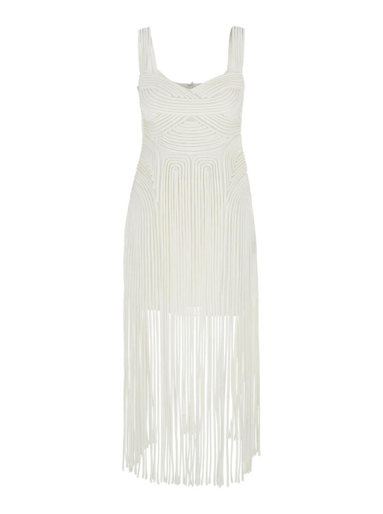 SIMKHAI 'Darby' White Midi Dress With Fringed Hem And All-Over Soutache Embroidery In Acetate Blend Woman
