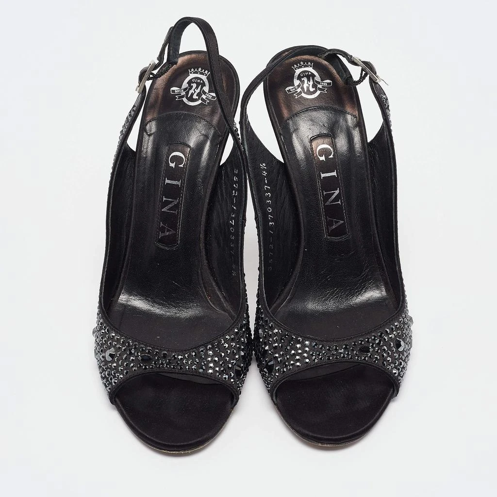 Gina Gina Black Satin Crystal Embellished Peep Toe Pumps Size 37.5 3