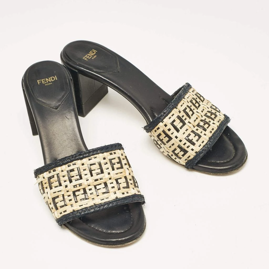 Fendi Fendi Cream/Black Leather and Raffia FF Slide Sandals Size 37.5 4