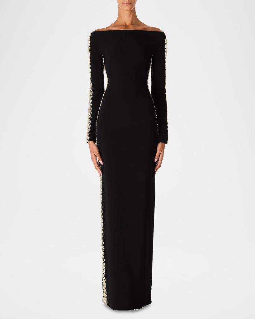 Jenny Packham Charisma Crystal Off-The-Shoulder Long-Sleeve Gown