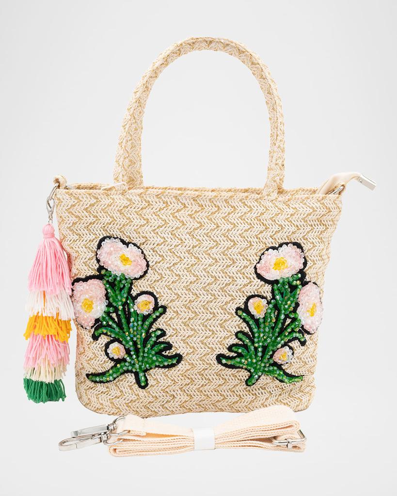 Bari Lynn Kid's Floral Embroidered Raffia Tote Bag with Tassel