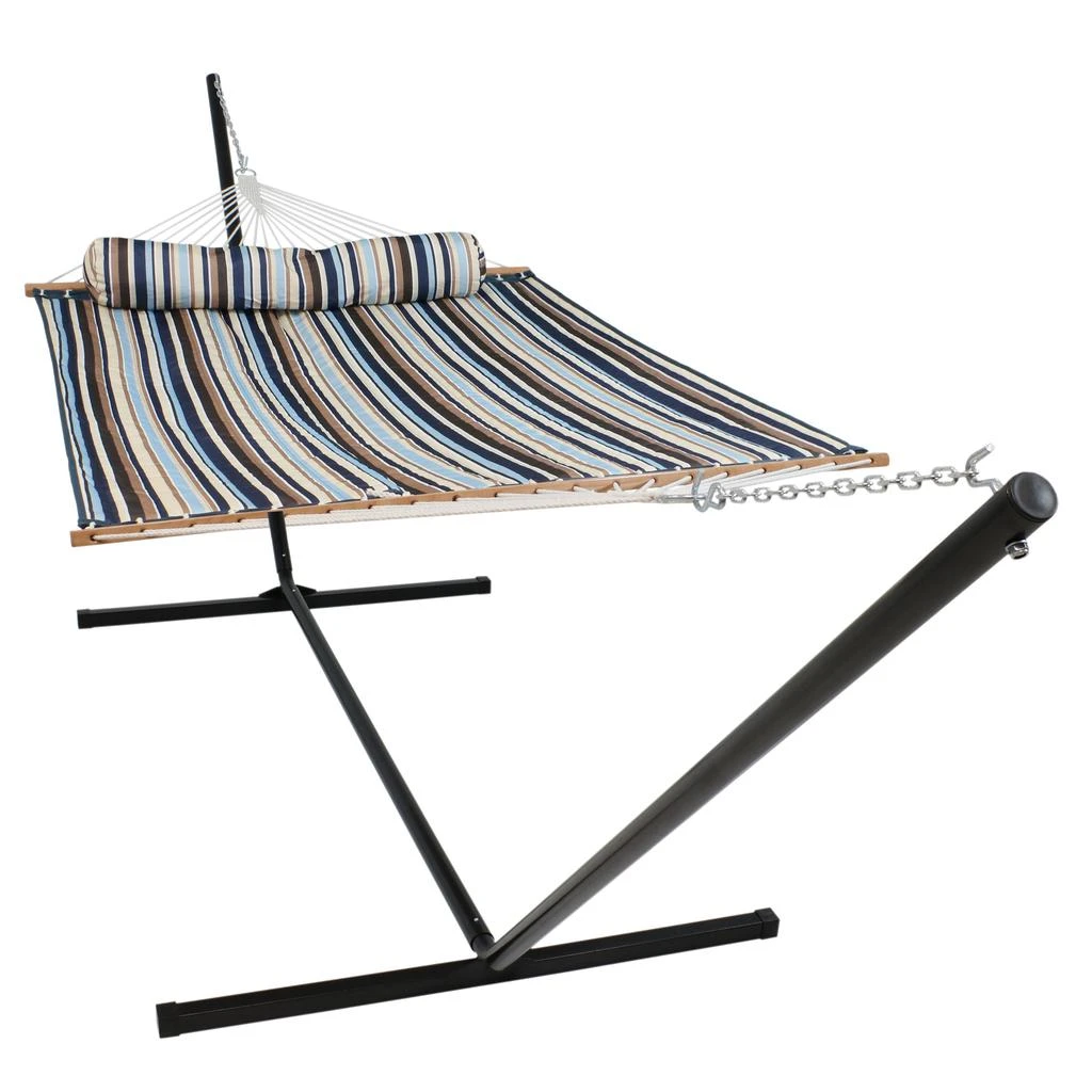 Sunnydaze 2-Person Quilted Fabric Spreader Bar Hammock with Detachable Pillow and Stand - 400 lb Weight Capacity/15' Stand 13