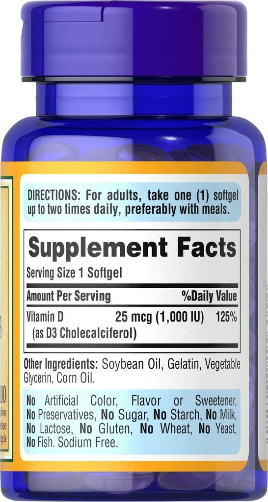 Puritan's Pride Vitamin D3 25 mcg (1000 IU) 100 softgels 3