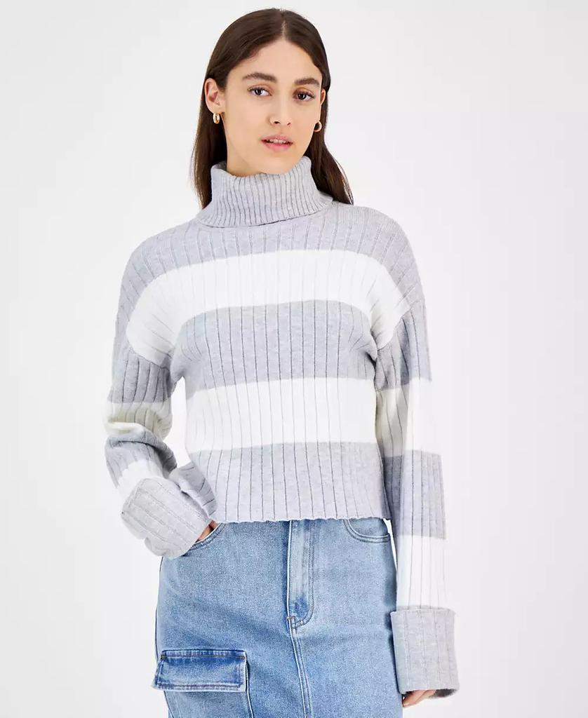 Ultra Flirt Juniors' Stripe Cuffed Sleeve Turtleneck Sweater
