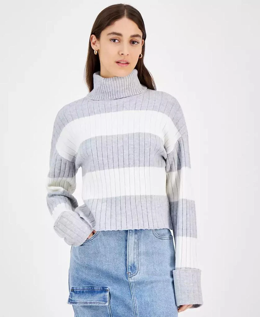 Ultra Flirt Juniors' Stripe Cuffed Sleeve Turtleneck Sweater 1