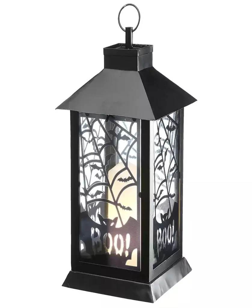 National Tree Company 16" Halloween Lantern with LED Lights, Carved Images of Bats and Cobwebs, Halloween Collection