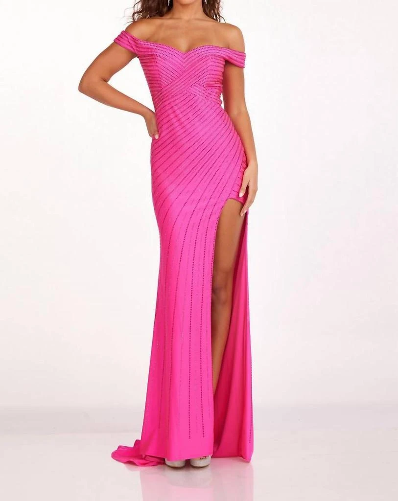 Abby Paris Abby Paris - Beaded Off Shoulder Slit Gown