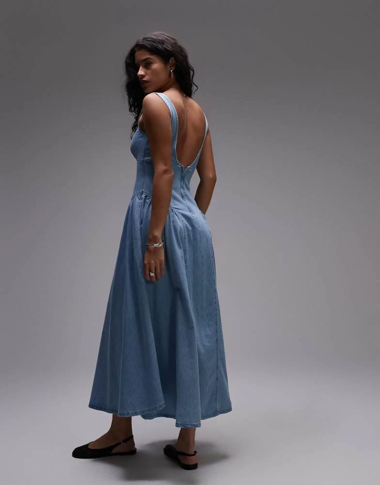 Topshop Topshop denim drop waist seamed midi dress in bleach 3
