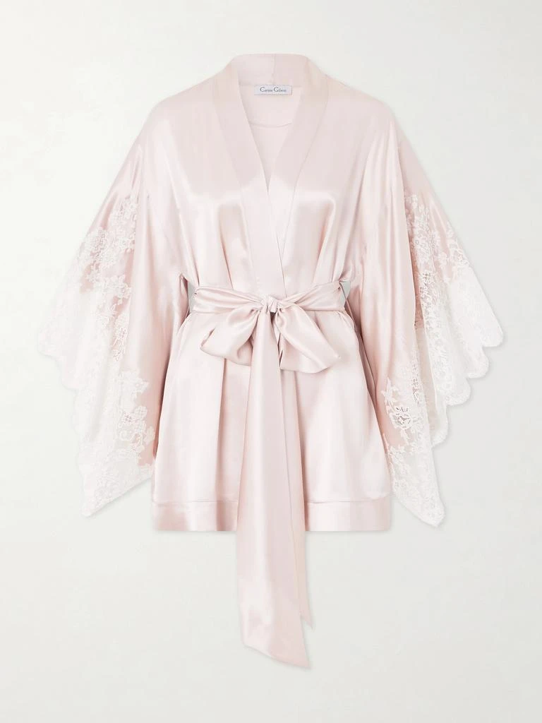 Carine Gilson Belted Lace-trimmed Silk-satin Robe - Baby pink
