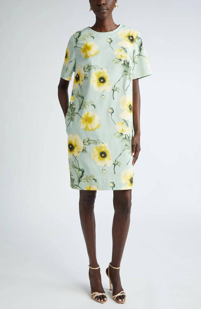 Oscar de la Renta Oscar De La Renta - Short Sleeve Jewel Neck Poppies Cotton Poplin Shift Dress
