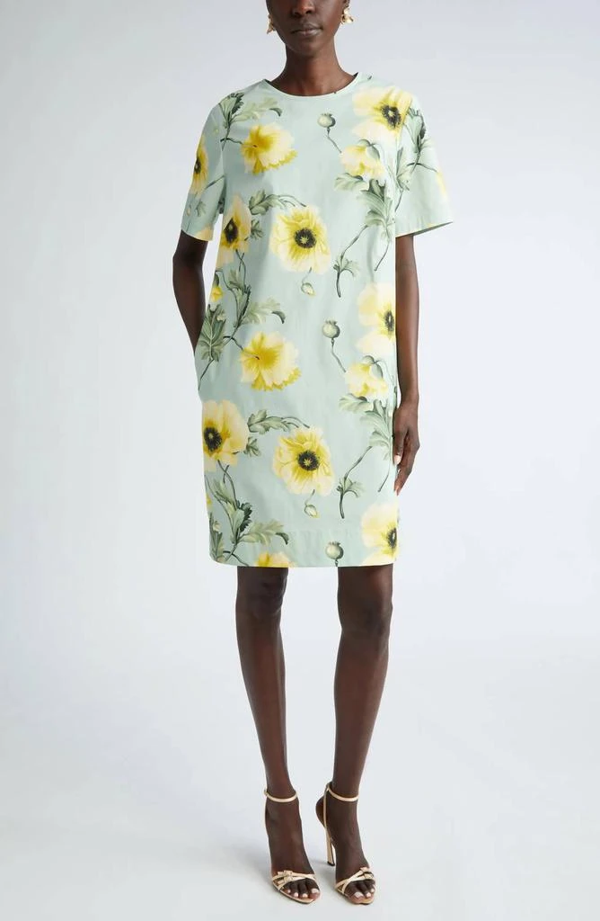 Oscar de la Renta Oscar De La Renta - Short Sleeve Jewel Neck Poppies Cotton Poplin Shift Dress 1