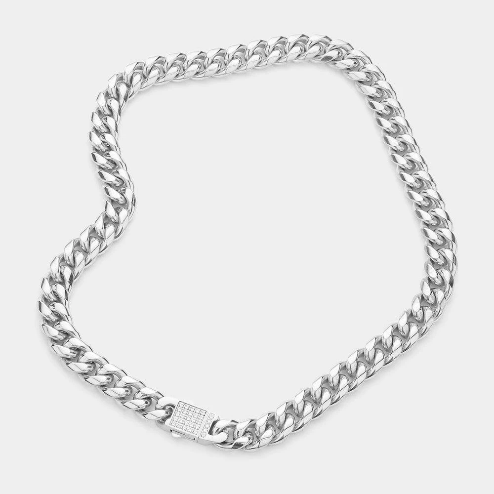 FASHNZFAB Stainless Steel CZ Embellished Metal Chain Link Necklace 2
