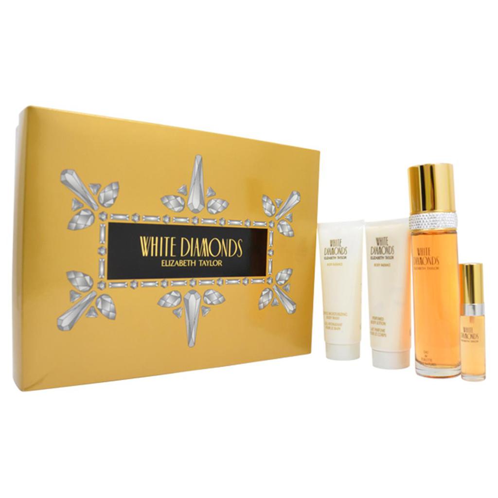 Elizabeth Taylor W-GS-3406 White Diamonds 4 Piece Gift Set for Womens - 3.3 oz EDT Spray, 3.3 oz Gentle Moisturizing Body Wash & 3.3 oz Perfumed Body Lotion