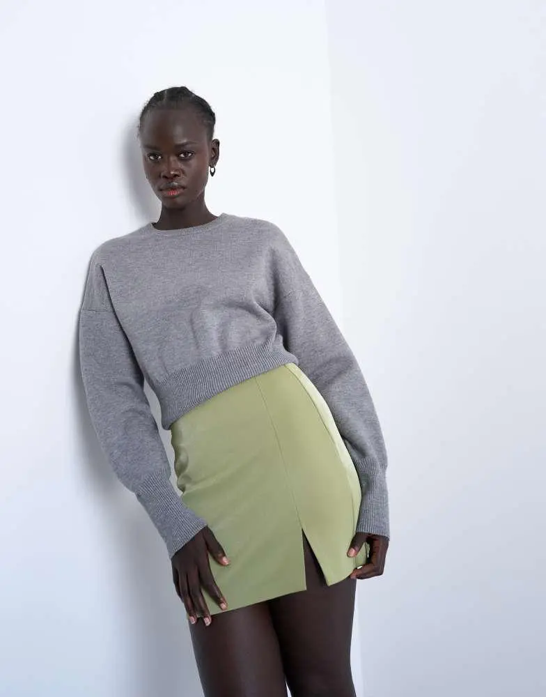 Topshop Topshop faux leather high shine mini pelmet skirt in avocado