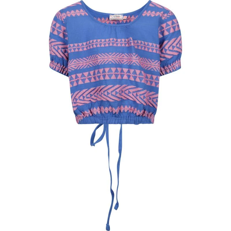 Devotion Geometric print open back blouse in pink and blue 1