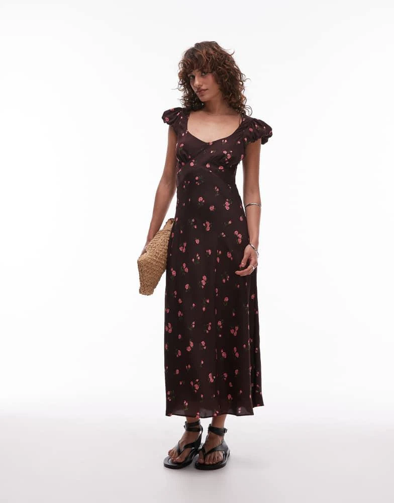 Mango Mango scoop neck floral midi dress in brown 1