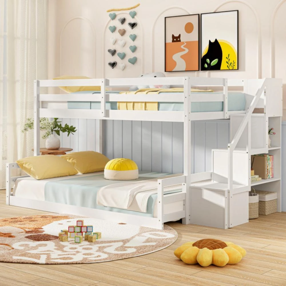 Hivvago Solid Wood Twin Over Full Low Bunk Bed with Storage Stairs-White 2