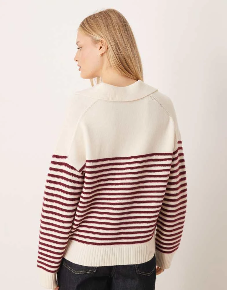 Mango Mango v neck knitted polo top in burgundy stripe 4