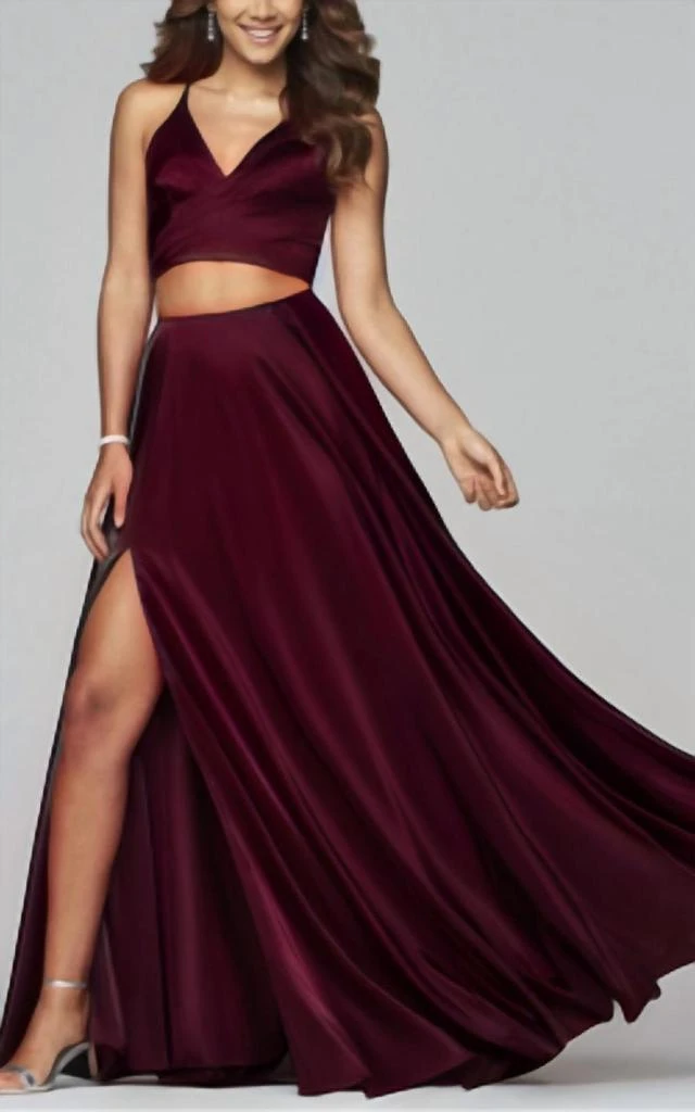 slim fit dress slacks Halter Satin Gown With Asymmetrical Beaded Appliqué