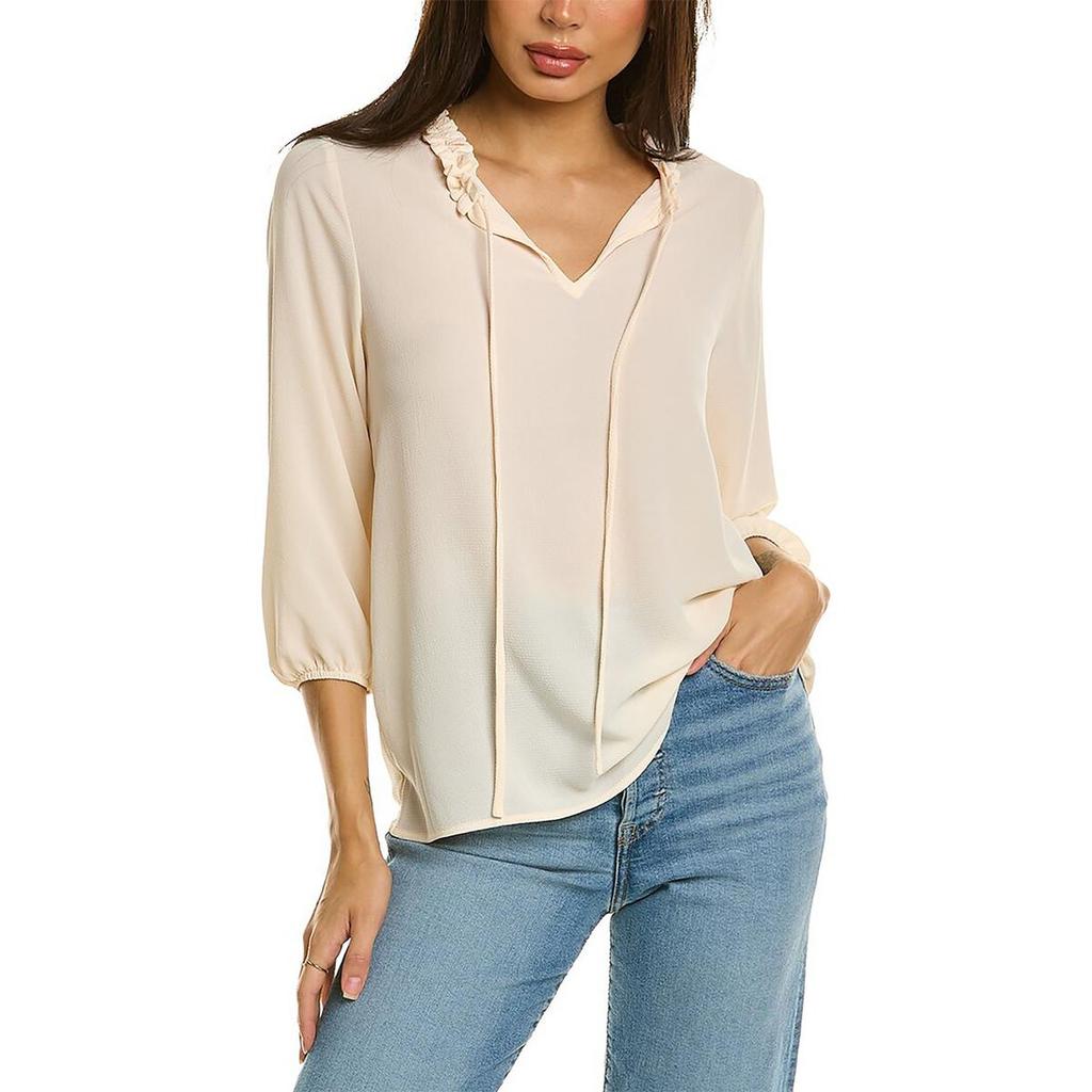 Bobeau Womens Ruffled Neck Tie Pullover Top