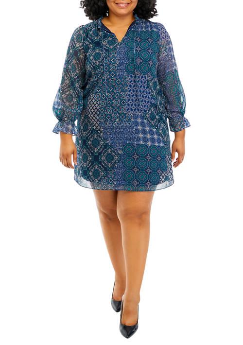 Jessica Howard Howard Plus Size Long Sleeve Tie Neck Printed A Line Dress