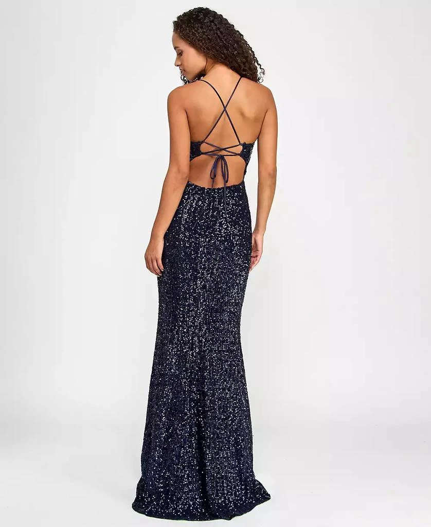 City Studios Juniors' Sequin Side-Slit Lace-Up Gown 2