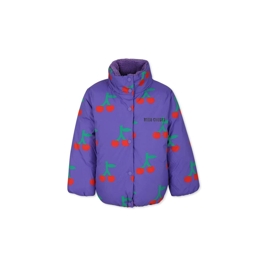 BOBO CHOSES Purple Down Jacket For Girl With Cherry Print 1