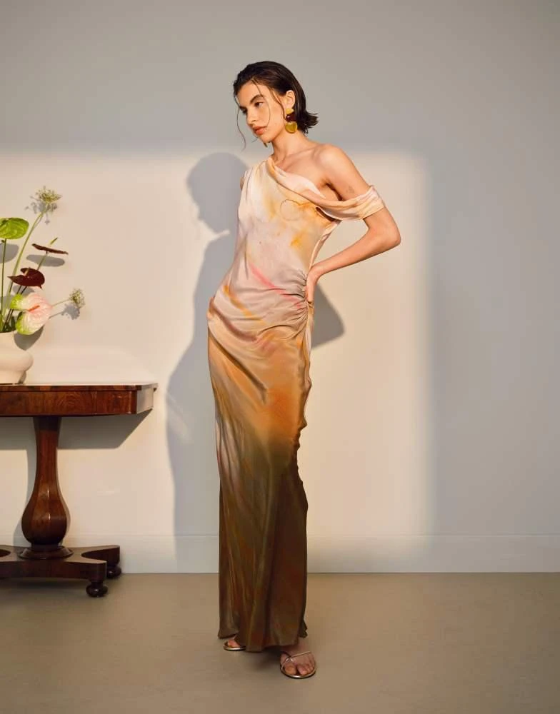 Shop Topshop drape neck off shoulder maxi occasion dress in pastel