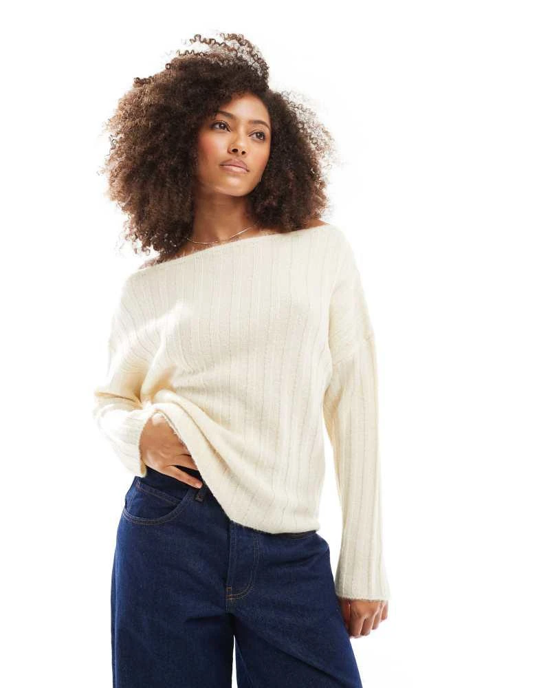 ASOS ASOS DESIGN knitted slouchy off the shoulder jumper in rib in cream 1