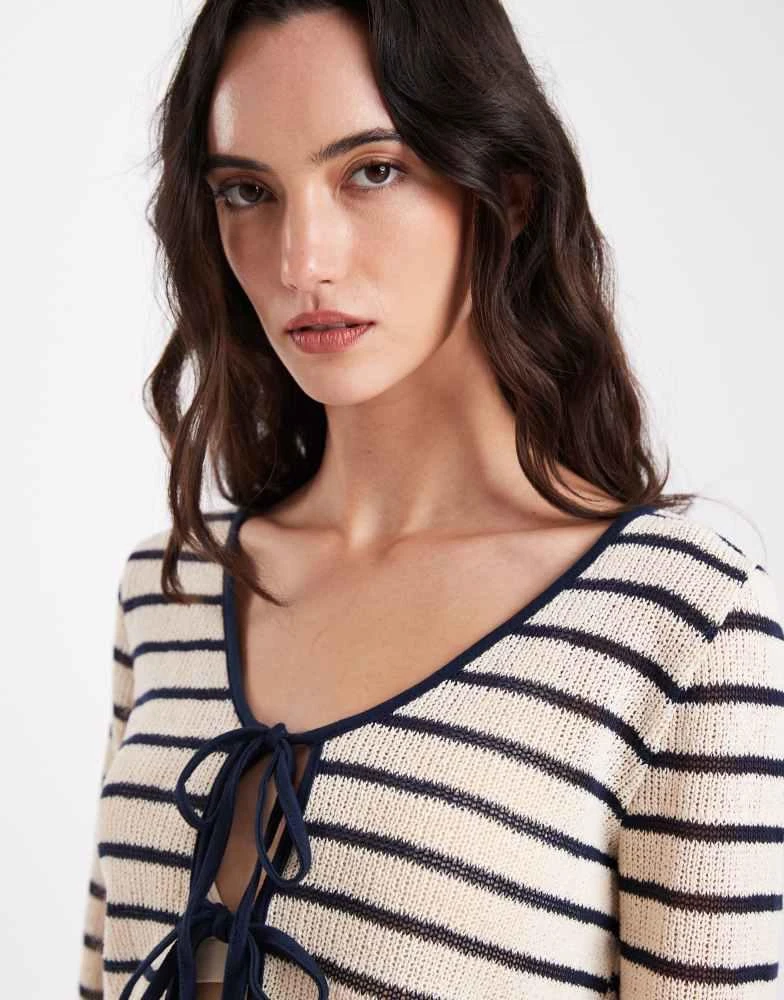ONLY ONLY knit tie front cardigan in cream and blue stripe 3