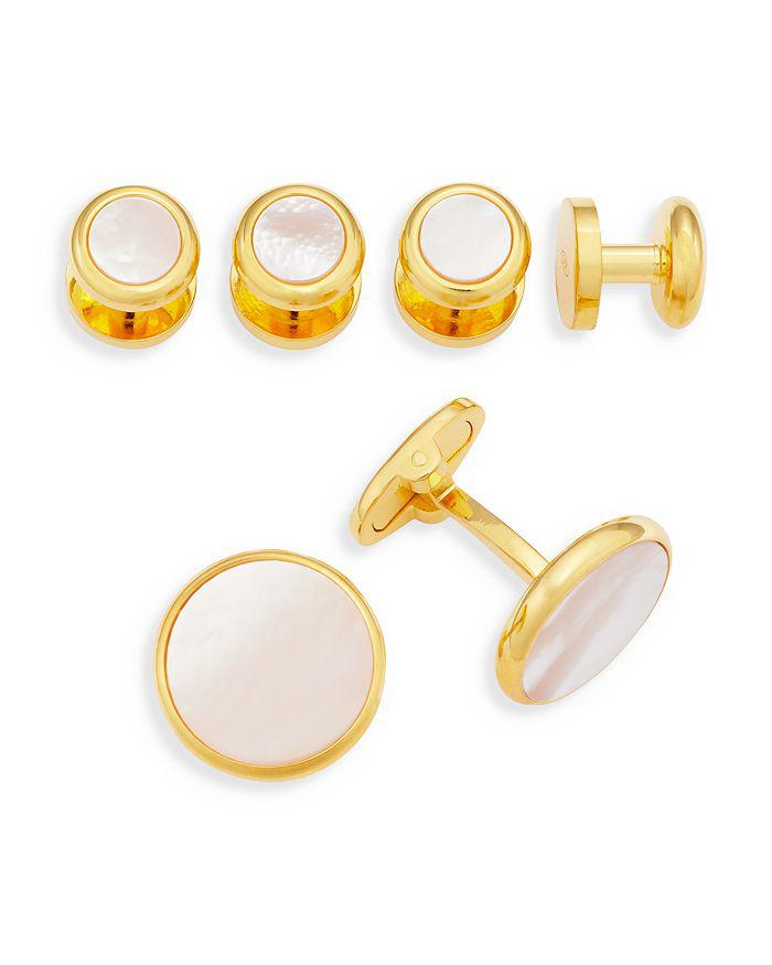LINK UP Gold-Tone Round White Mother-of-Pearl Stud & Cufflink Set