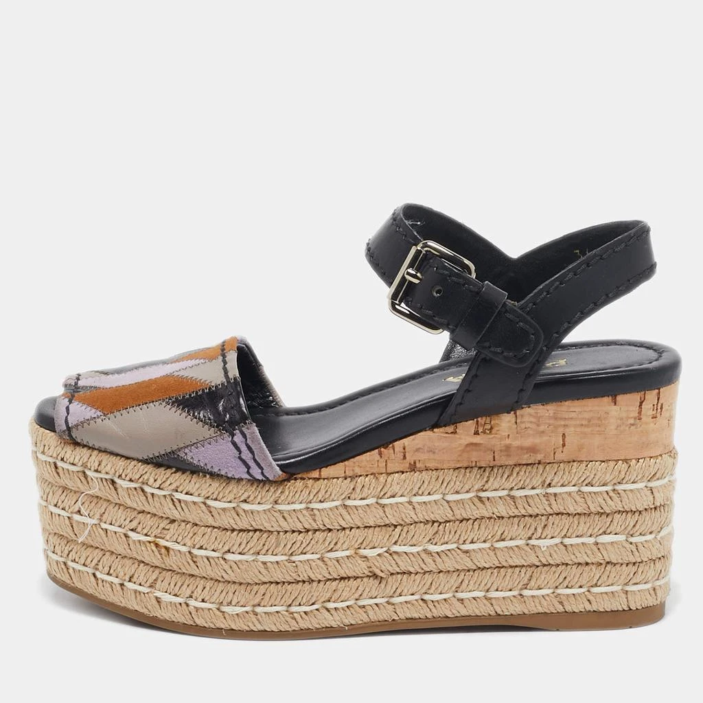 Prada Prada Multicolor Leather and Suede Cork Espadrille Platform Ankle Strap Sandals Size 36 1