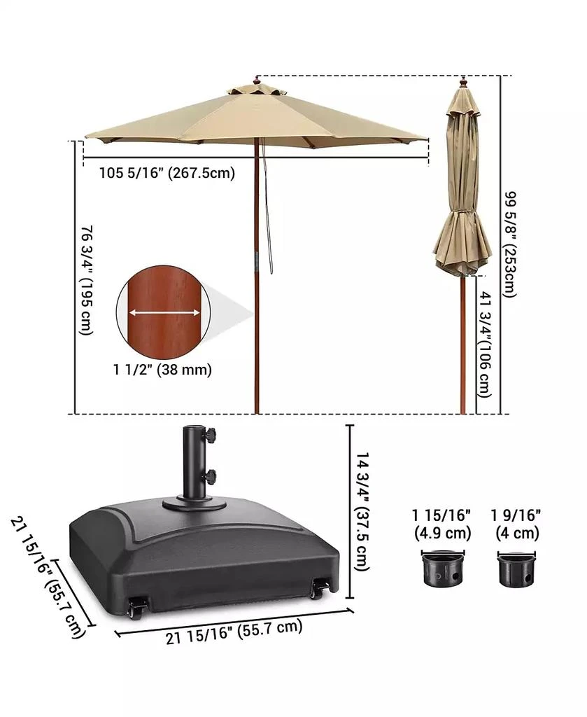 Yescom 9ft Solid Wood Outdoor Patio Umbrella with Base Included Parasol Wheels Stand for Bistro Market Garden Deck Yard Poolside Tan 5