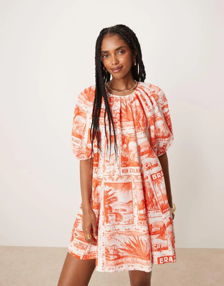 ASOS ASOS DESIGN puff sleeve cotton poplin mini dress in red postcard print 4